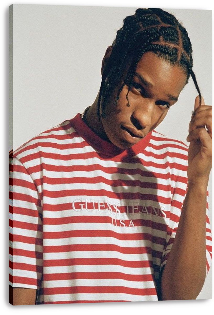 A$AP Rocky canvas wall art print featuring a close portrait in a red and white striped shirt, with visible wrapped canvas edges.