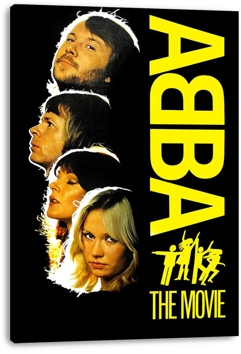 ABBA The Movie canvas wall art print displaying four portraits, oversized yellow ABBA lettering, silhouettes, and yellow title.