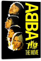 ABBA The Movie canvas wall art print displaying four portraits, oversized yellow ABBA lettering, silhouettes, and yellow title.