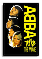 ABBA The Movie framed wall art print with four member portraits, yellow vertical logo, dancing figures, and black frame.