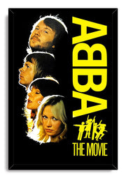 ABBA The Movie framed wall art print with four member portraits, yellow vertical logo, dancing figures, and black frame.