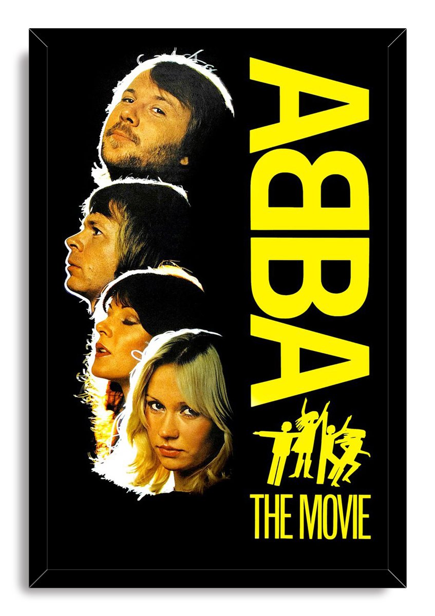 ABBA The Movie framed wall art print with four member portraits, yellow vertical logo, dancing figures, and black frame.