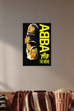 ABBA THE MOVIE in a cozy movie room above a brown sofa with popcorn.