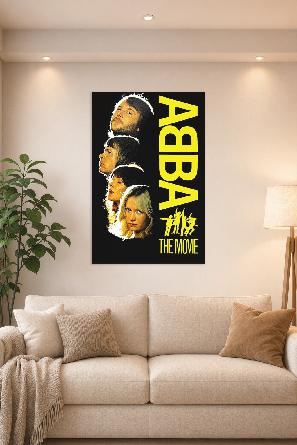 ABBA THE MOVIE in a bright living room above a beige sofa.