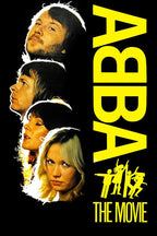 ABBA The Movie poster with four band portraits, bold yellow vertical logo, dancing silhouettes, and title on black.