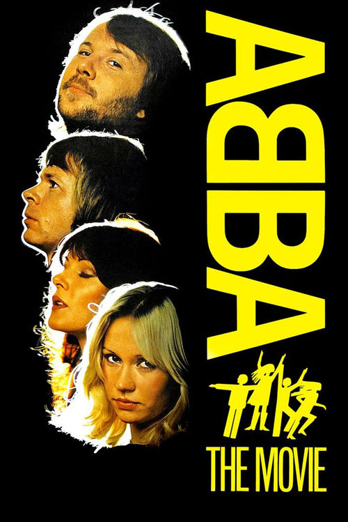 ABBA The Movie poster with four band portraits, bold yellow vertical logo, dancing silhouettes, and title on black.