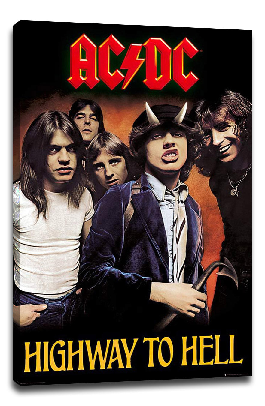 AC/DC Highway to Hell canvas wall art print featuring five musicians, horned central figure, red logo, and yellow lettering.