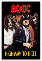 AC/DC Highway to Hell framed wall art print with five band portraits, a horned central figure, red band logo, and gold title.