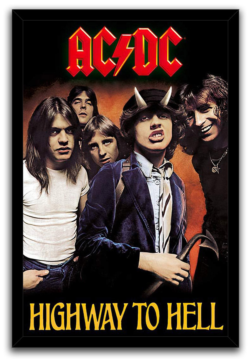 AC/DC Highway to Hell framed wall art print with five band portraits, a horned central figure, red band logo, and gold title.