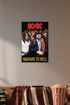 AC/DC-Highway To Hell Music in a cozy movie room above a brown sofa with popcorn.