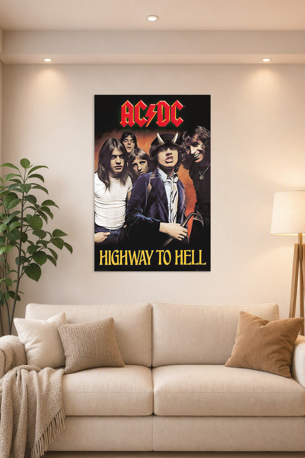 AC/DC-Highway To Hell Music in a bright living room above a beige sofa.