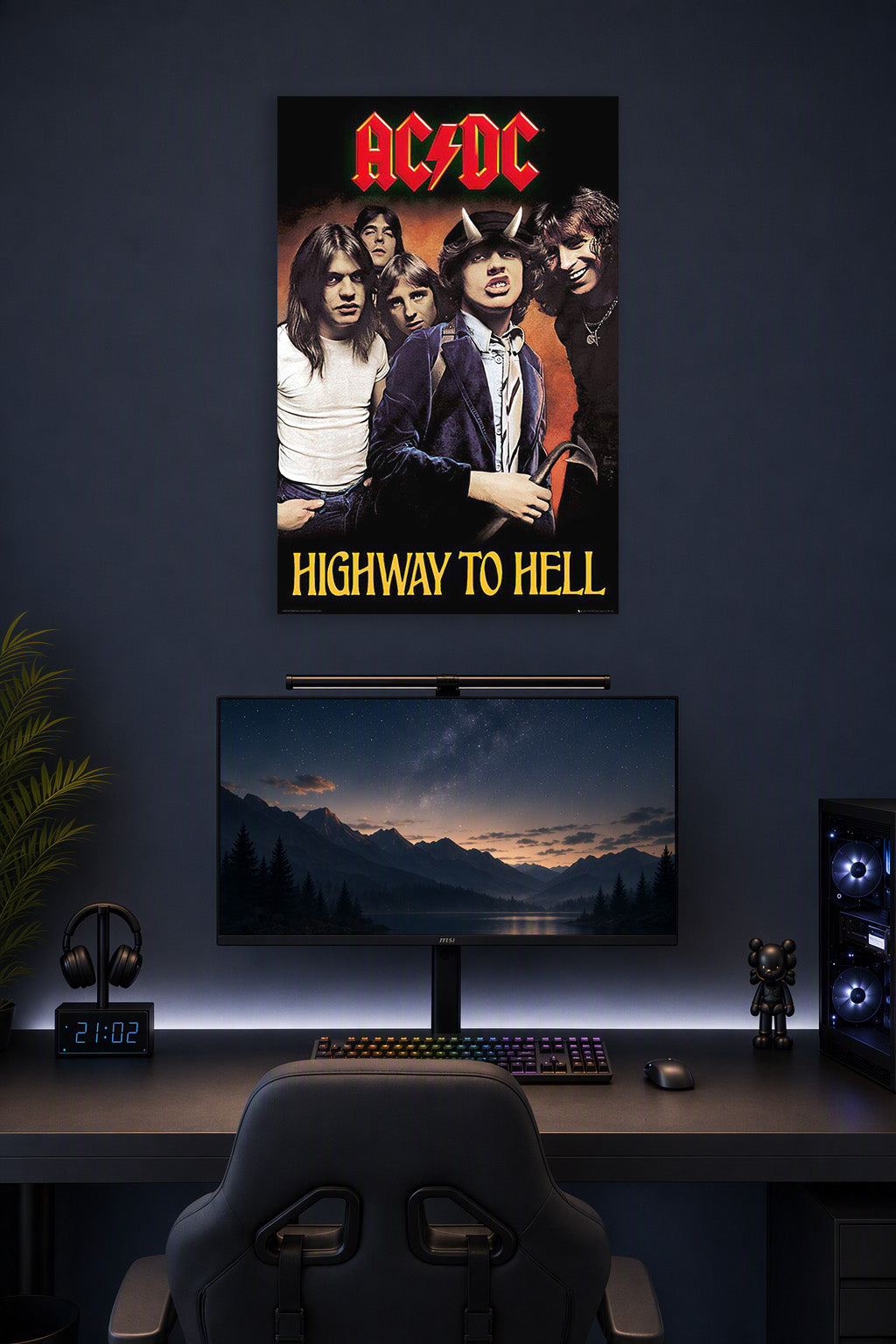 AC/DC-Highway To Hell Music in a gaming desk setup above a monitor.