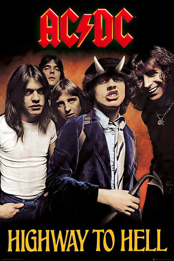 AC/DC Highway to Hell poster with five band members, a horned central figure, red logo, and yellow title on black.