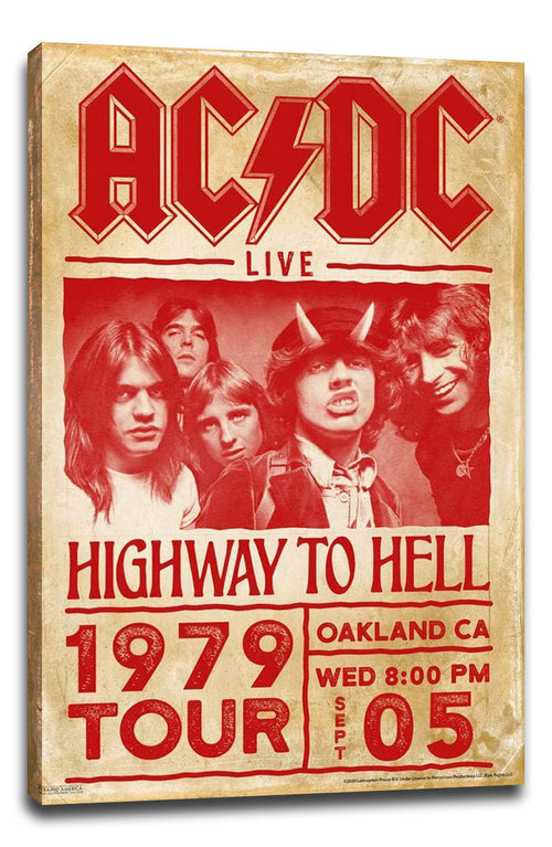 AC/DC Highway to Hell canvas wall art with red band portrait, lightning logo, Oakland date, and vintage cream backdrop.