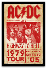 AC/DC Highway to Hell framed wall art print featuring five band members, red 1979 tour typography, and black frame.
