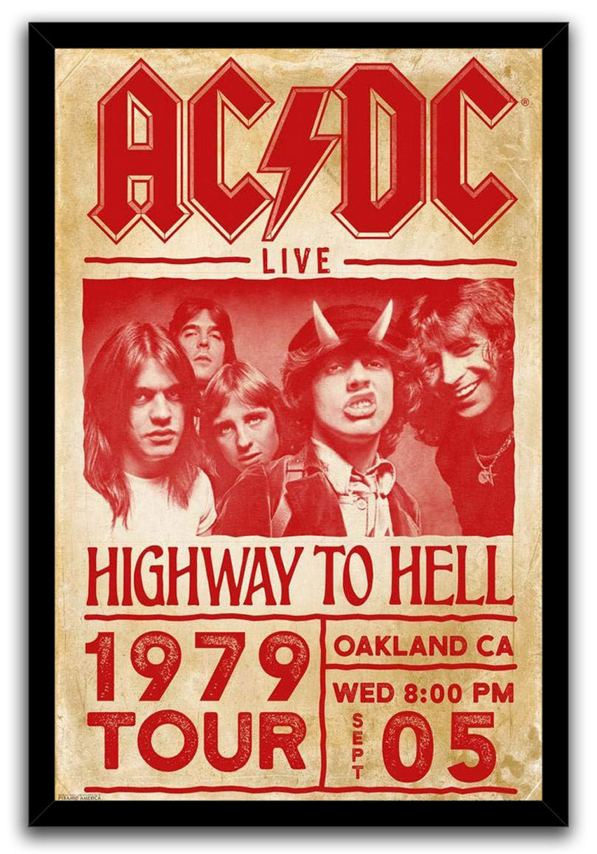 AC/DC Highway to Hell framed wall art print featuring five band members, red 1979 tour typography, and black frame.