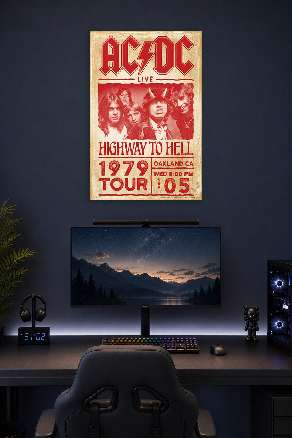 AC/DC Highway to Hell Retro Rock Music in a gaming desk setup above a monitor.