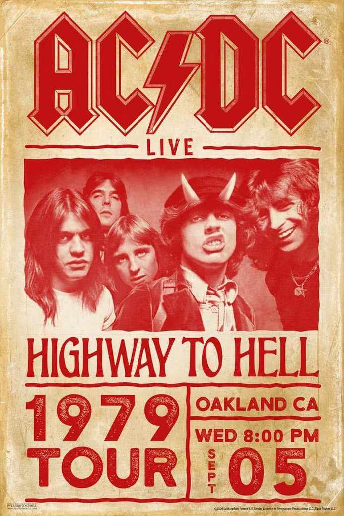 AC/DC Highway to Hell poster with a red band portrait, lightning logo, 1979 tour text, and distressed cream background.