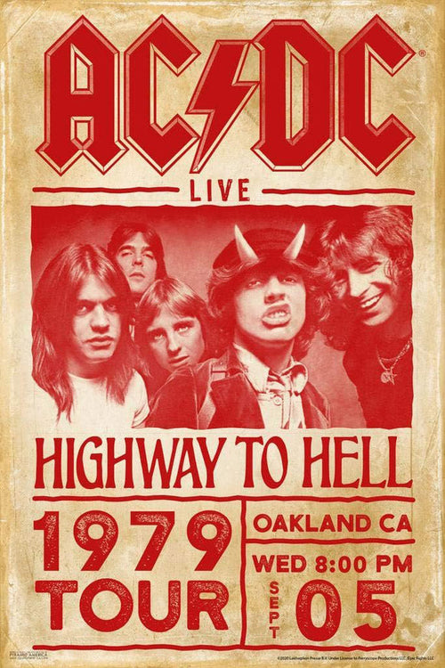 AC/DC Highway to Hell poster with a red band portrait, lightning logo, 1979 tour text, and distressed cream background.