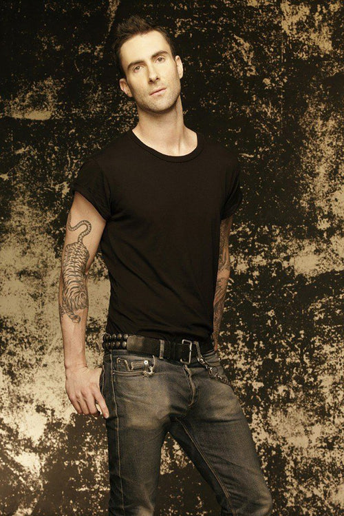 Adam Levine wall art print portrays the singer in a black T-shirt and jeans before a distressed black and tan backdrop.