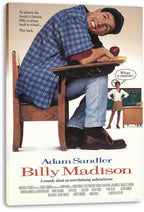 Billy Madison canvas wall art print with Adam Sandler at a desk, oversized boots, a red apple, and classroom teacher.