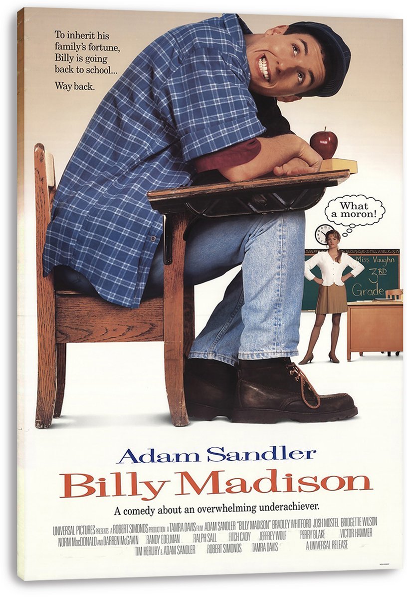 Billy Madison canvas wall art print with Adam Sandler at a desk, oversized boots, a red apple, and classroom teacher.