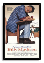 Billy Madison framed wall art print depicting Adam Sandler leaning over a desk beside a teacher and third-grade chalkboard.