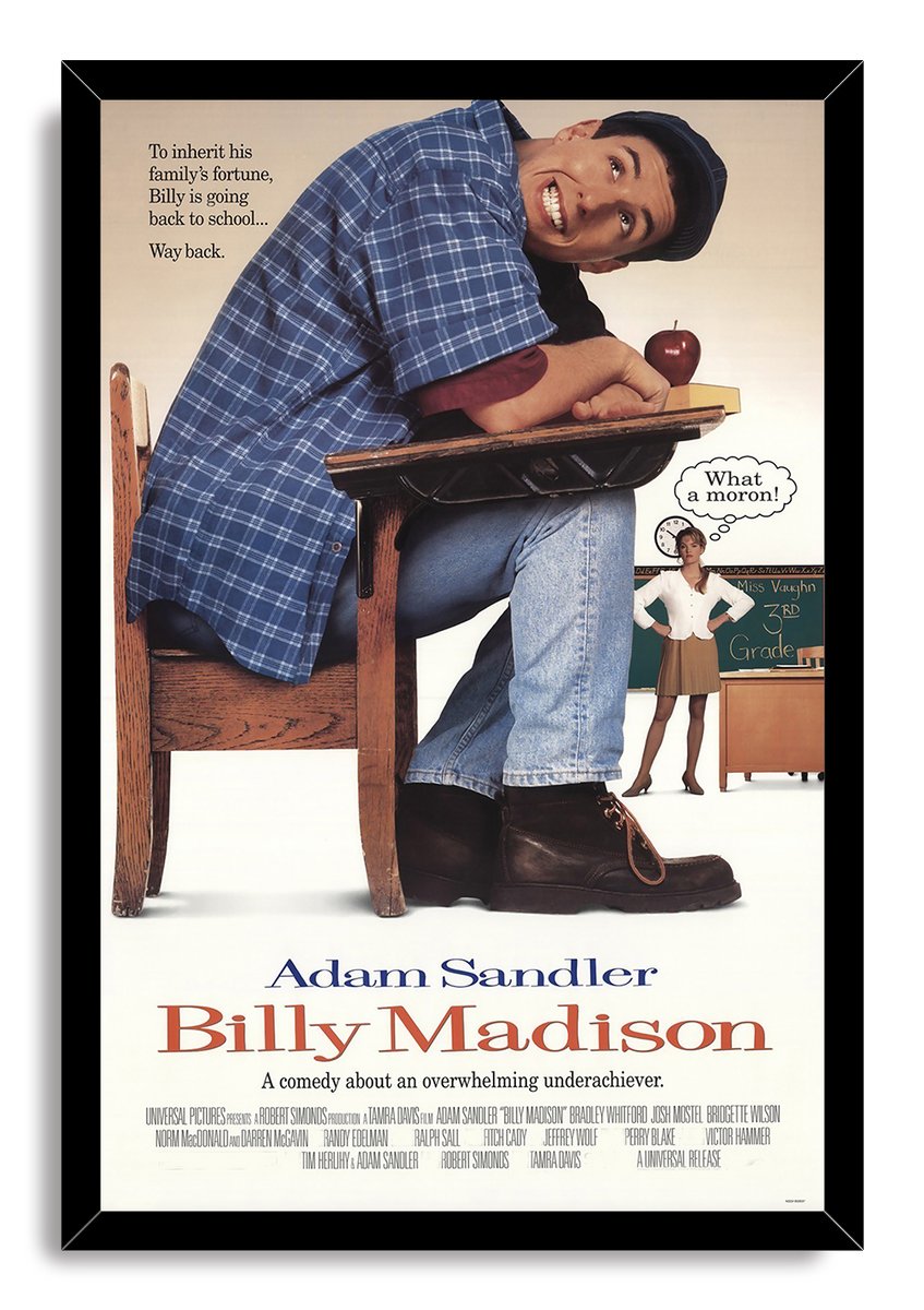 Billy Madison framed wall art print depicting Adam Sandler leaning over a desk beside a teacher and third-grade chalkboard.