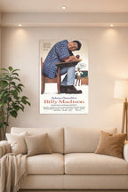 Adam Sandler Billy Madison in a bright living room above a beige sofa.