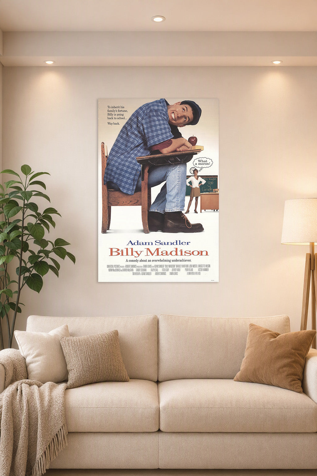 Adam Sandler Billy Madison in a bright living room above a beige sofa.