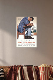 Adam Sandler Billy Madison in a cozy movie room above a brown sofa with popcorn.