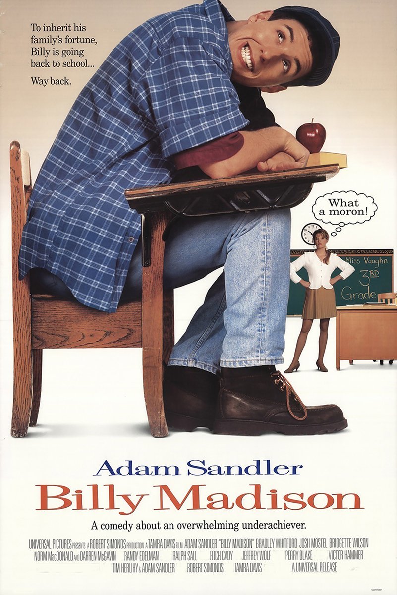 Billy Madison poster featuring Adam Sandler grinning at a school desk, with an apple and teacher by a chalkboard.
