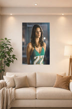 Adrianne Palicki in a bright living room above a beige sofa.