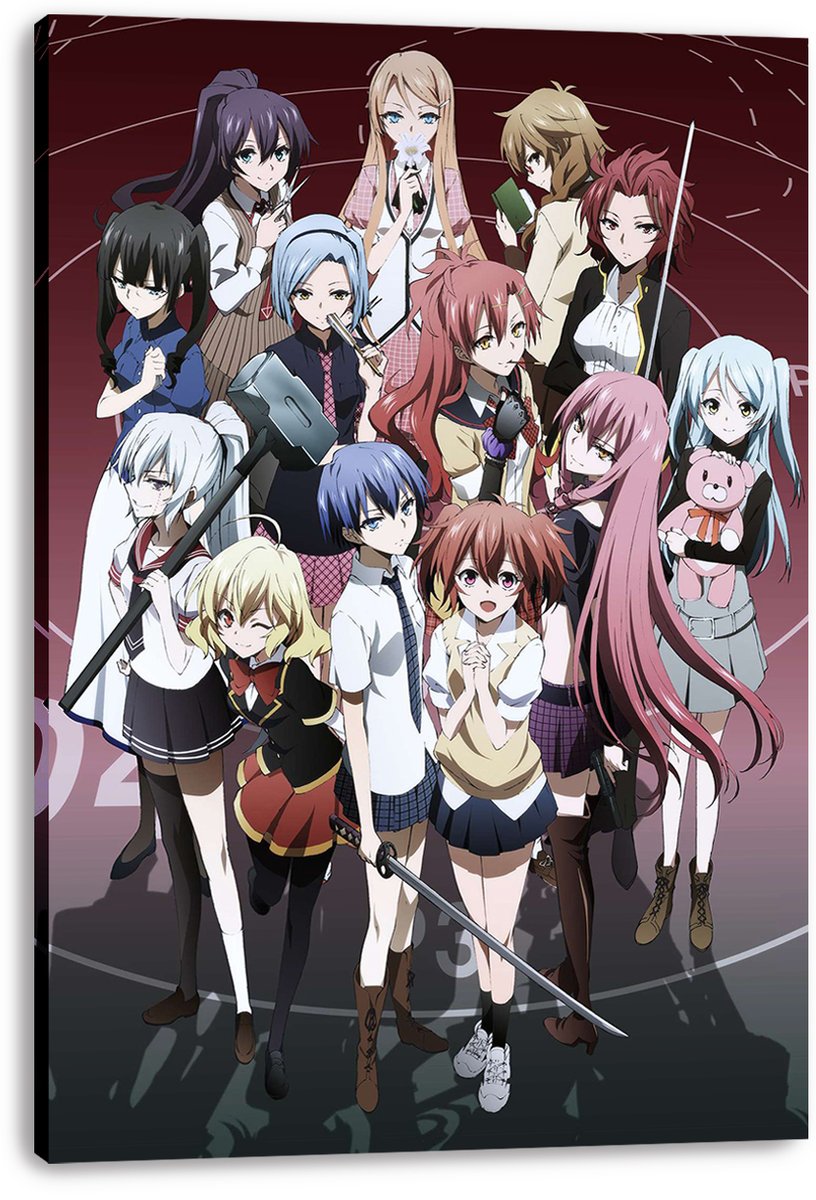 Akuma no Riddle anime girls group canvas wall art print, displayed with wrapped edges around a burgundy character collage.