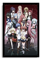 Akuma no Riddle anime girls group framed wall art print in a black frame, featuring uniforms, weapons, and a pink teddy bear.
