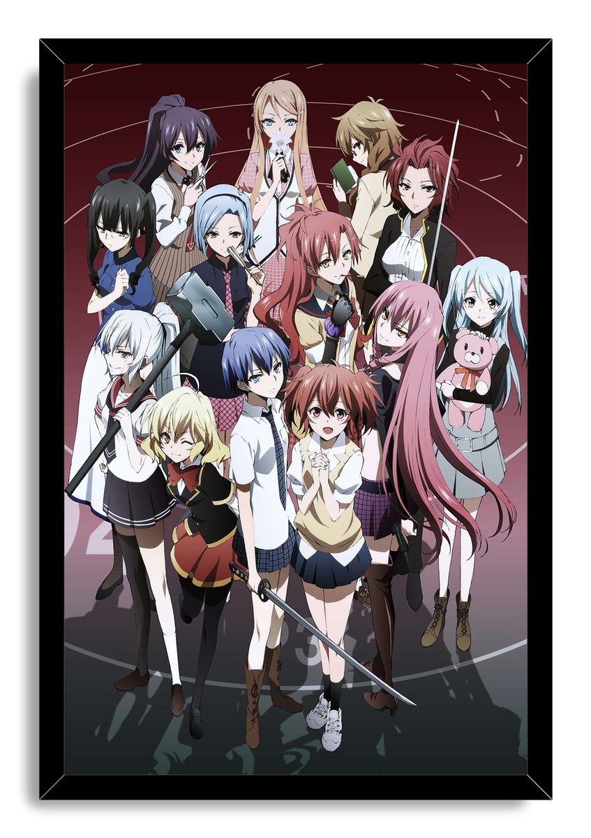Akuma no Riddle anime girls group framed wall art print in a black frame, featuring uniforms, weapons, and a pink teddy bear.