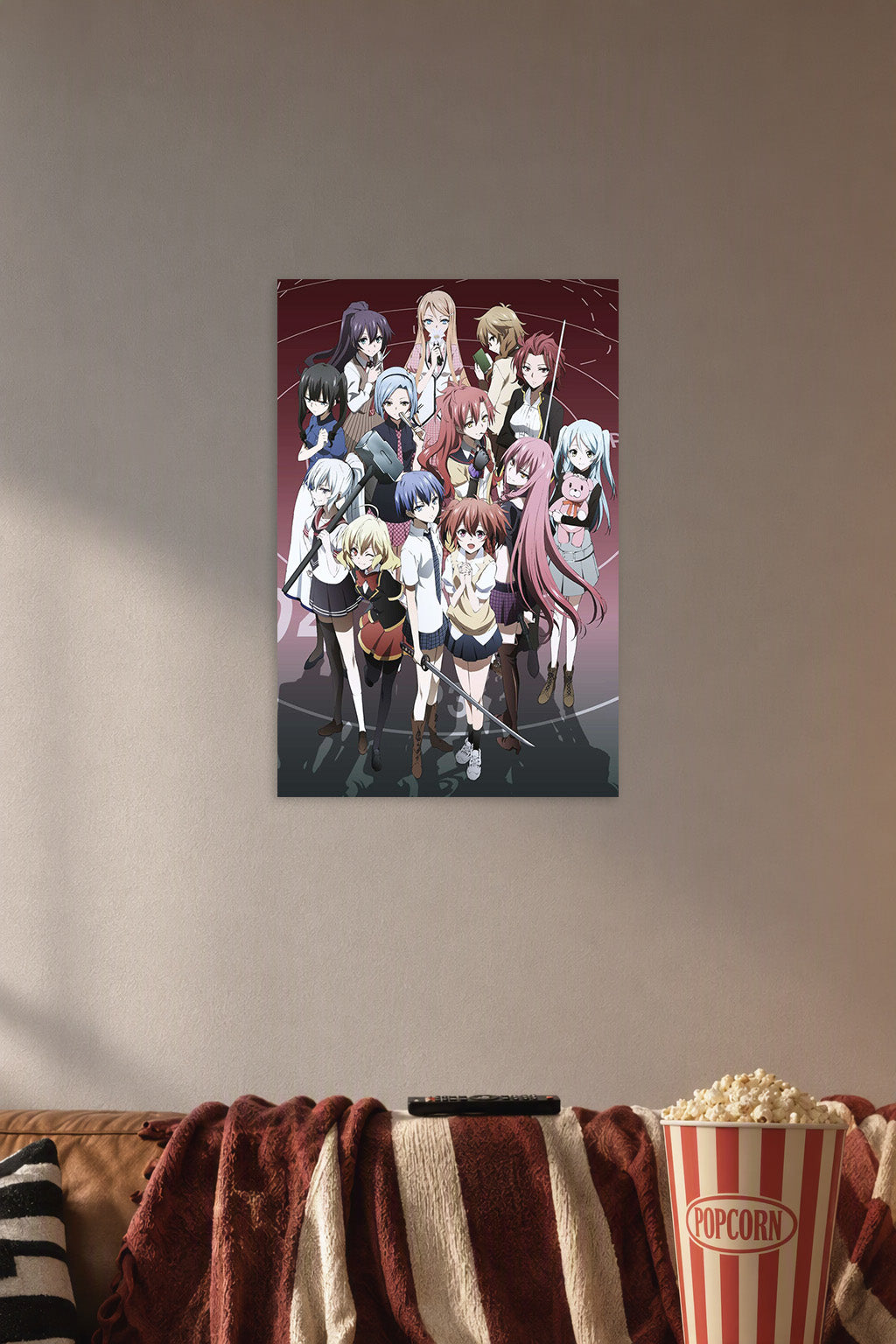 Akuma no Riddle Anime Girls Group in a cozy movie room above a brown sofa with popcorn.