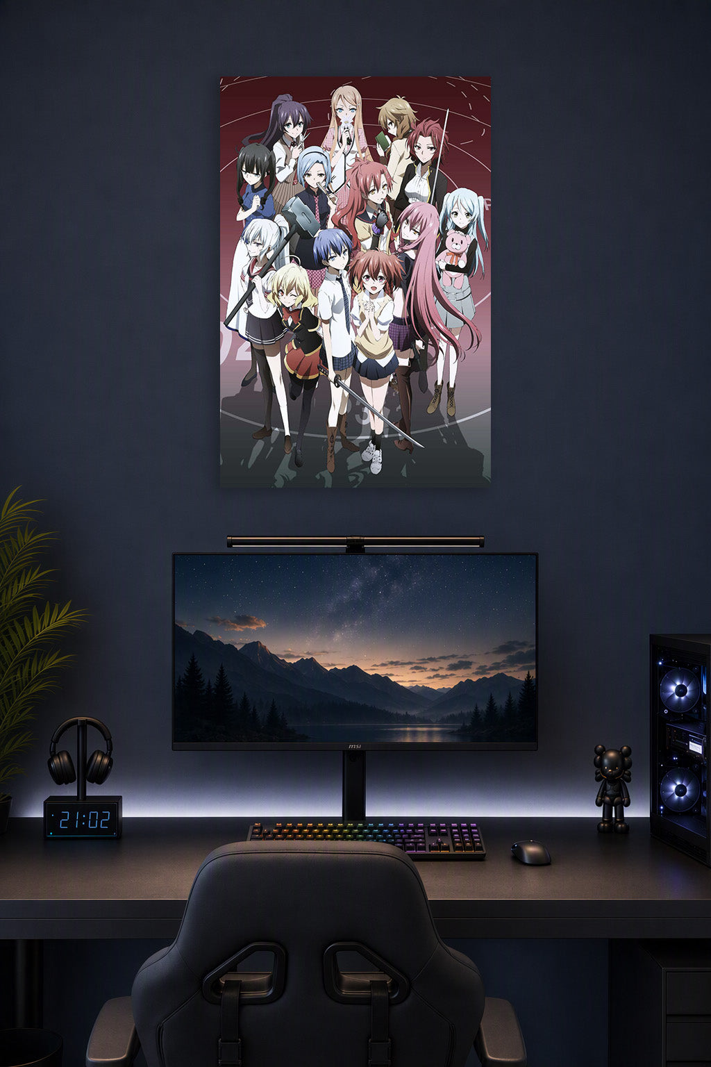 Akuma no Riddle Anime Girls Group in a gaming desk setup above a monitor.