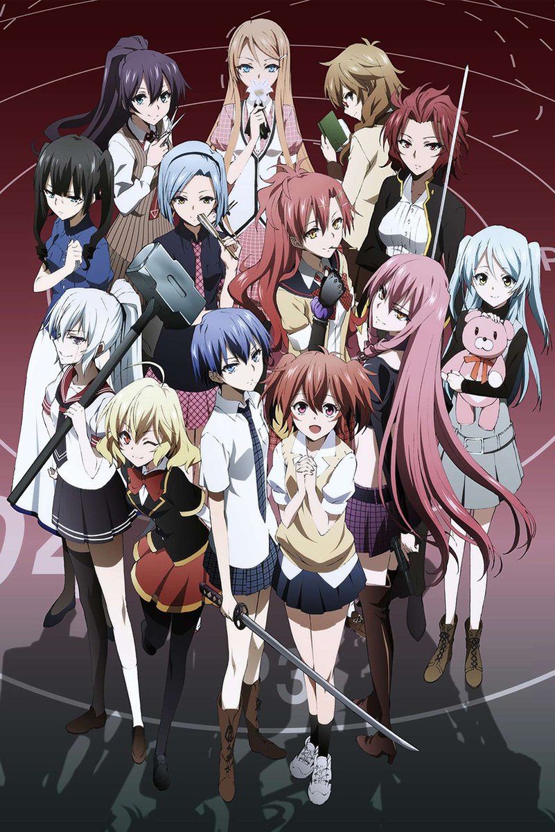 Akuma no Riddle anime girls group wall art print with colorful school-uniform characters, sword, hammer, book, and teddy bear on burgundy.