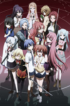 Akuma no Riddle anime girls group wall art print with colorful school-uniform characters, sword, hammer, book, and teddy bear on burgundy.