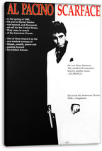 Scarface wall art print on stretched canvas portrays Al Pacino as Tony Montana against split black and white panels with bold red typography.