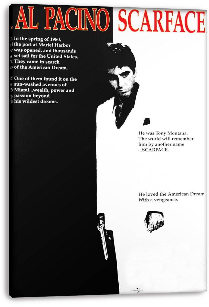 Scarface wall art print on stretched canvas portrays Al Pacino as Tony Montana against split black and white panels with bold red typography.