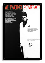 Scarface framed wall art print presents Tony Montana’s black-and-white silhouette, a handgun, film text, and red Al Pacino title lettering.
