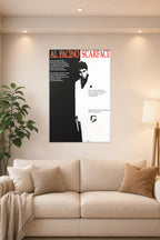 Al Pacino Scarface Tony Montana in a bright living room above a beige sofa.
