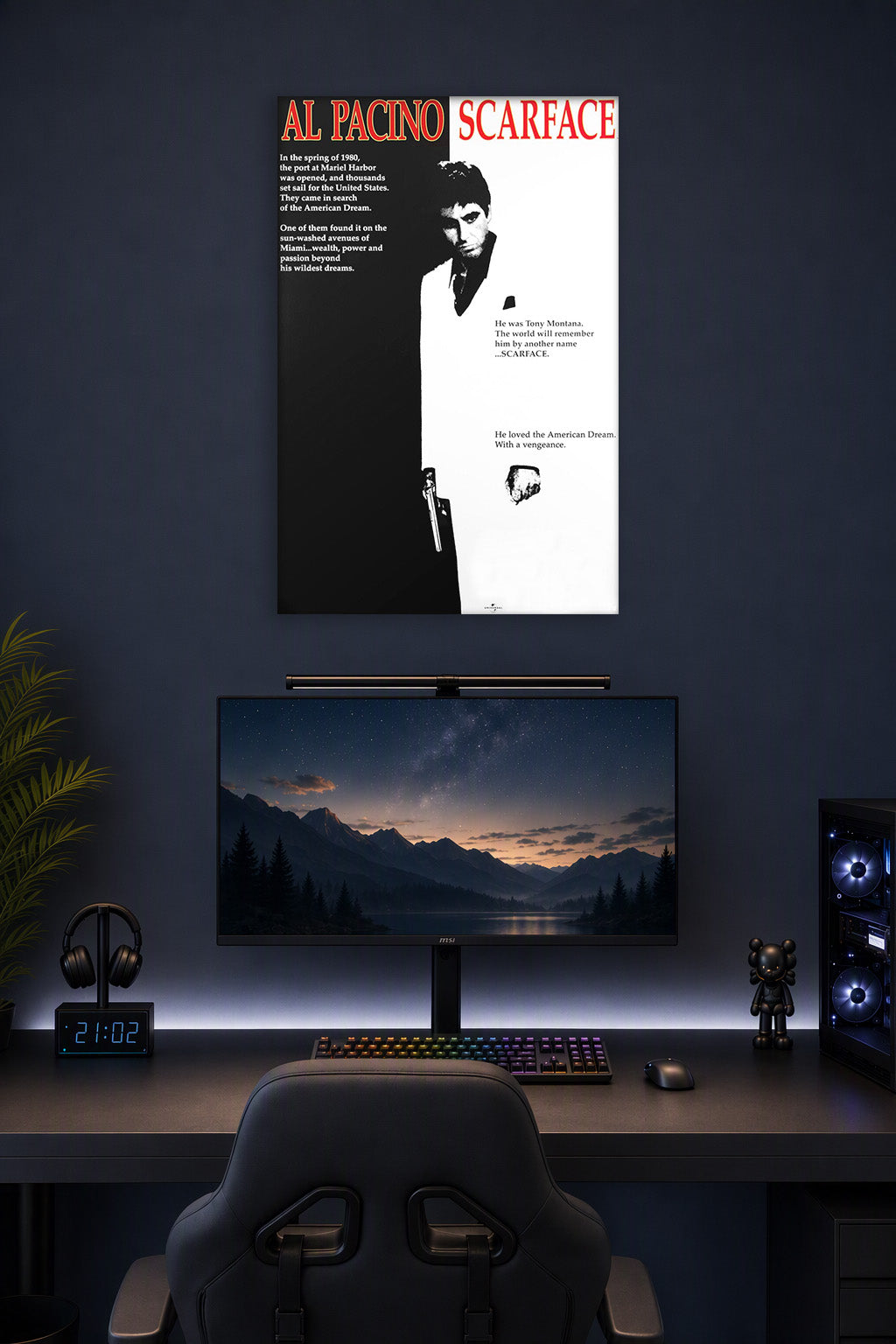 Al Pacino Scarface Tony Montana in a gaming desk setup above a monitor.