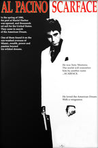 Scarface poster features Al Pacino as Tony Montana in a stark black-and-white suit silhouette with red title lettering and a handgun.
