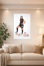 Alex Morgan in a bright living room above a beige sofa.