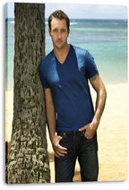 Alex O'Loughlin canvas wall art print displays the actor beside a palm trunk, with turquoise ocean and pale sand behind him.