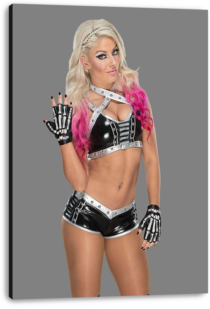 Alexa Bliss canvas wall art print displays her full-length pose in black and silver ring gear, with skeleton gloves and pink hair tips.