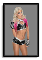 Alexa Bliss framed wall art print presents her posing on a gray background, wearing skeleton gloves and black silver wrestling attire.